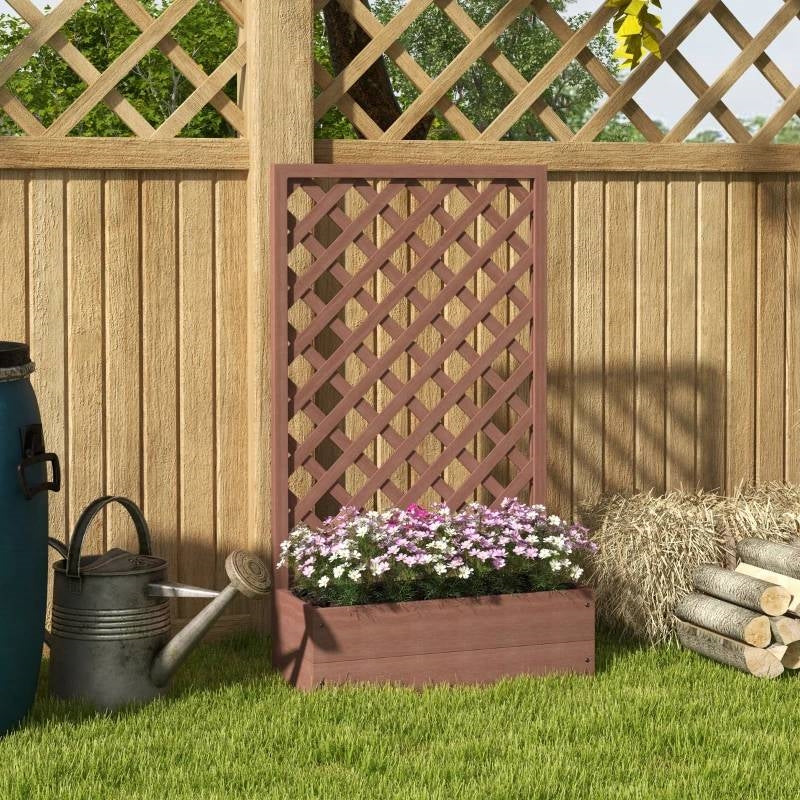 Outdoor Brown Wooden Lattice Trellis Raised Garden Bed Planter Box