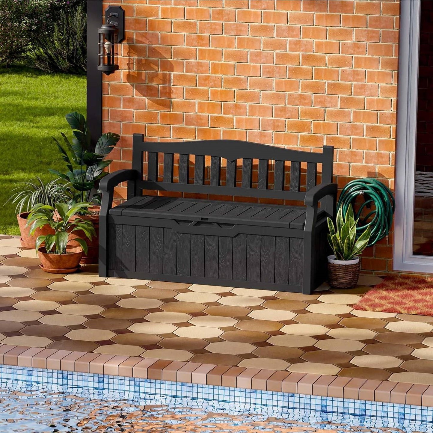 Black Durable Resin 70 gL Outdoor Storage Bench Patio Deck