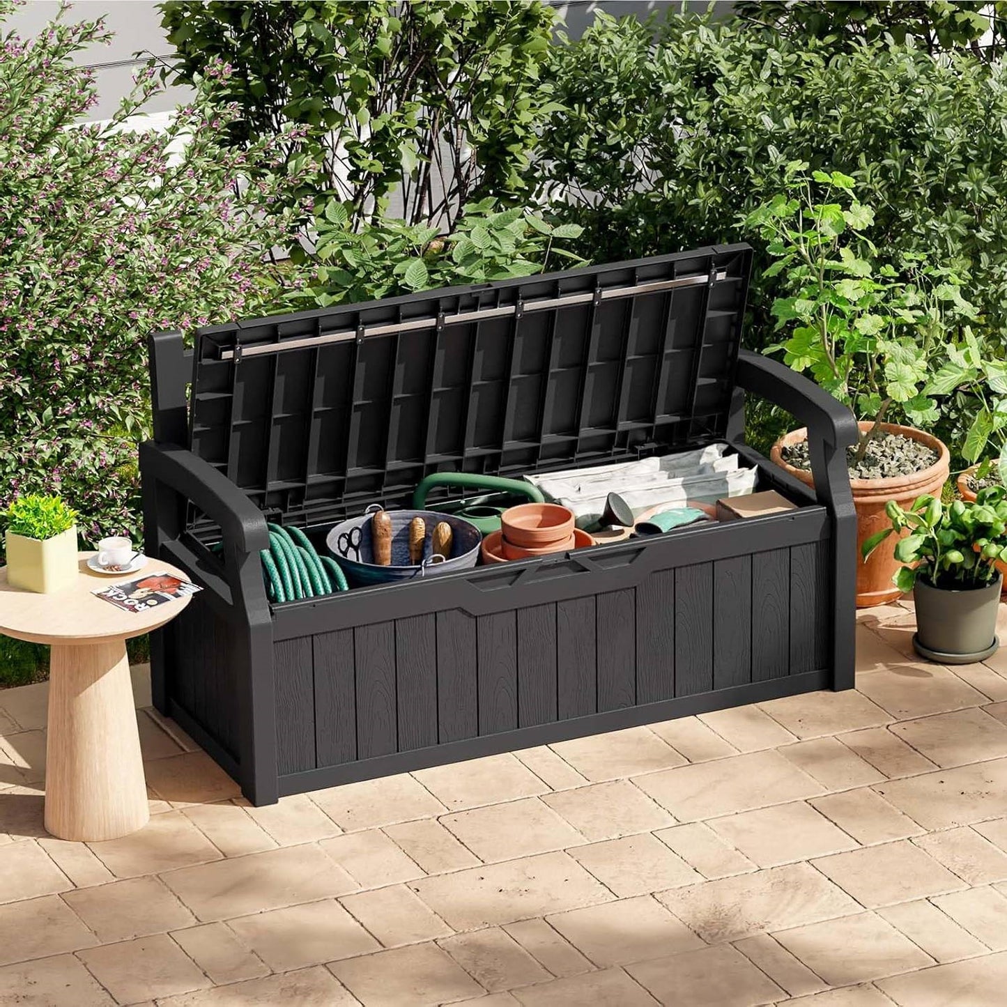 Black Durable Resin 70 gL Outdoor Storage Bench Patio Deck