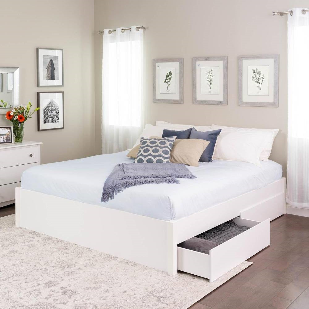King Size 2 Drawer Storage White Wooden 4 Post Platform Bed Frame