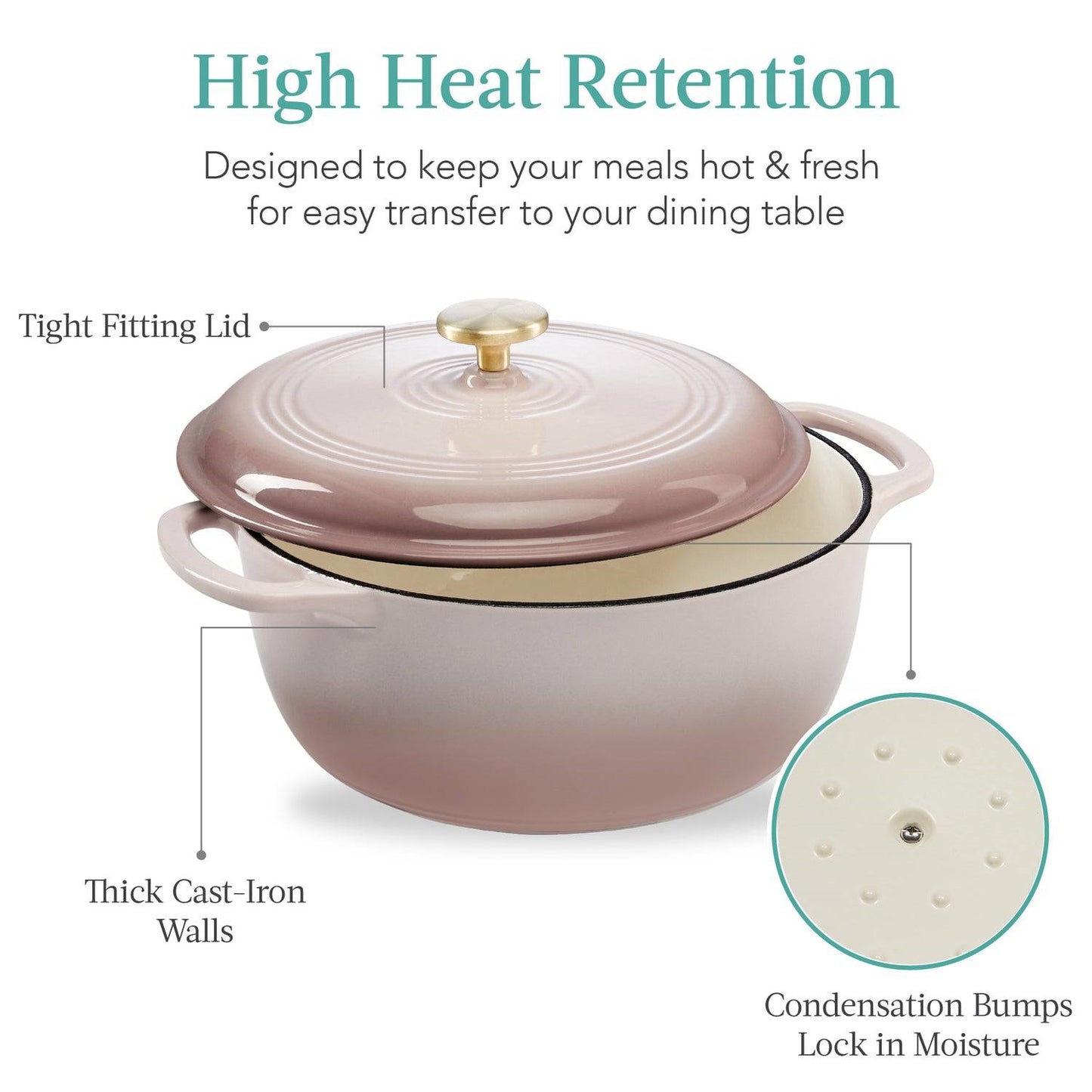 6 Quart Large Pink Enamel Cast-Iron Dutch Oven Kitchen Cookware