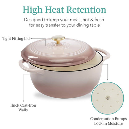 6 Quart Large Pink Enamel Cast-Iron Dutch Oven Kitchen Cookware
