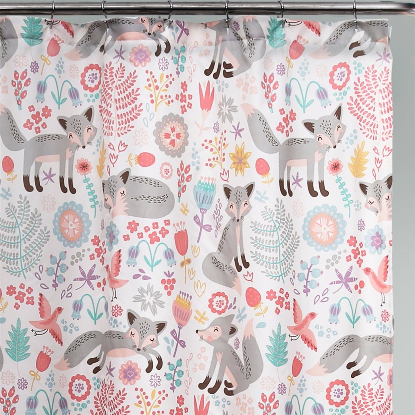 72-inch Pink Grey Floral Fox Polyester Shower Curtain