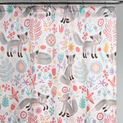 72-inch Pink Grey Floral Fox Polyester Shower Curtain