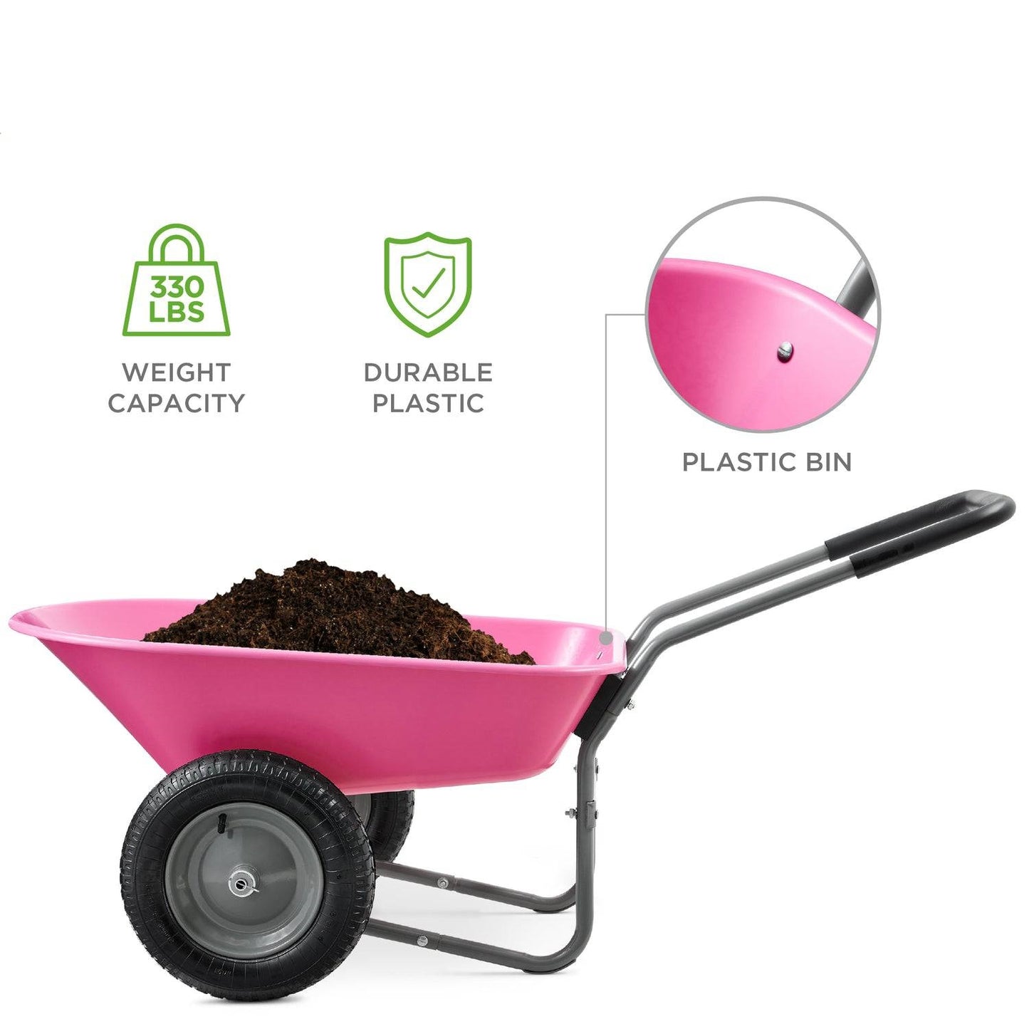 Heavy Duty Dual Wheel Multipurpose Rust Proof Wheelbarrow - Pink