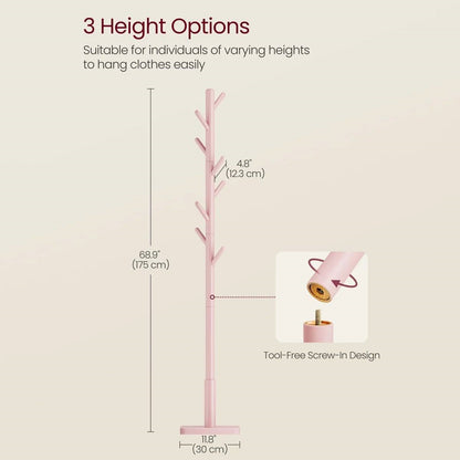 Modern Solid Wood Coat Rack Entryway Hall Tree Hat Stand in Pink