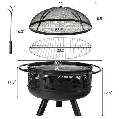 Portable Patio Screened Wood Burning Fire Pit Cooking Grill with Poker