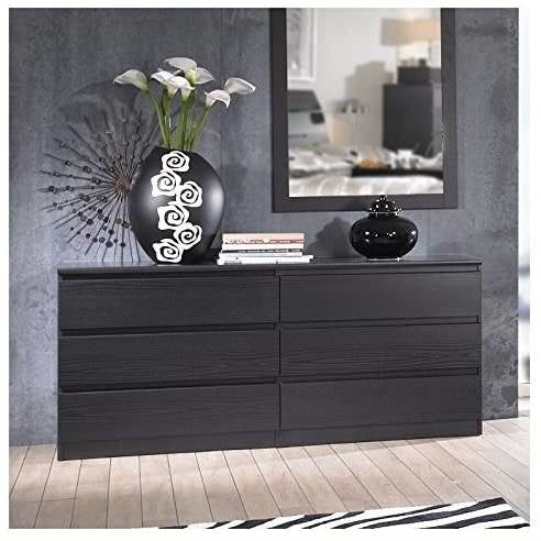 Sturdy 6 Drawer Double Dresser in Black Woodgrain