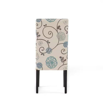 Set of 2 Beige Cream Teal Blue Floral Fabric Dining Chair with Wood Legs