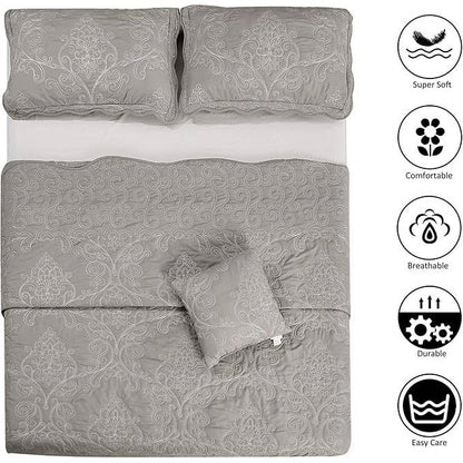 Queen size Ash Grey Damask Embroidered 4 Piece Oversized Bedspread Set