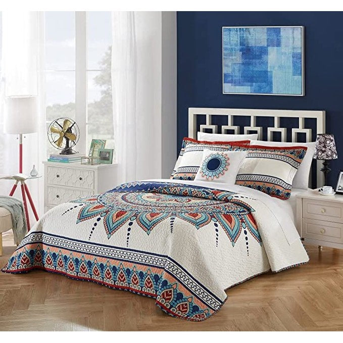4 Piece Cotton Blue White Boho Geometric Reversible Quilt Set - Queen