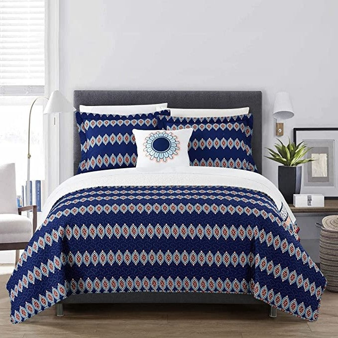 4 Piece Cotton Blue White Boho Geometric Reversible Quilt Set - Queen