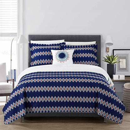 4 Piece Cotton Blue White Boho Geometric Reversible Quilt Set - Queen