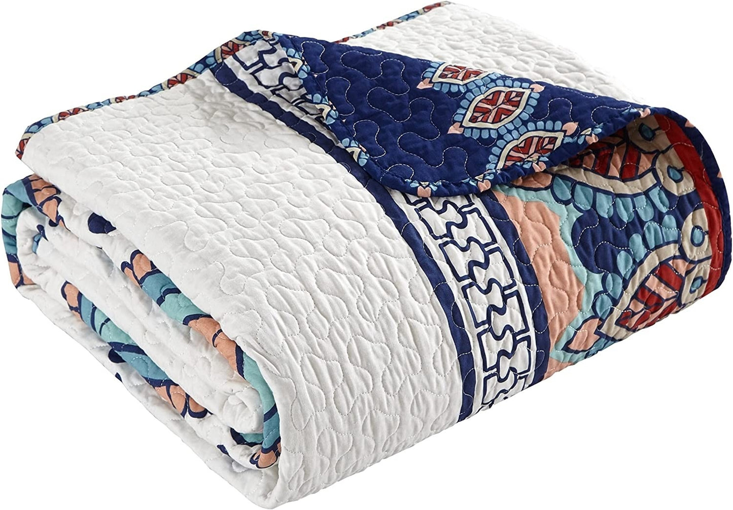 4 Piece Cotton Blue White Boho Geometric Reversible Quilt Set - Queen
