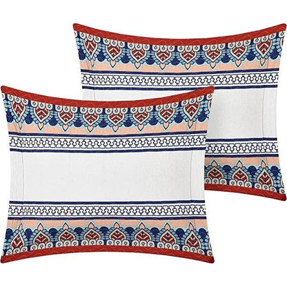 4 Piece Cotton Blue White Boho Geometric Reversible Quilt Set - Queen