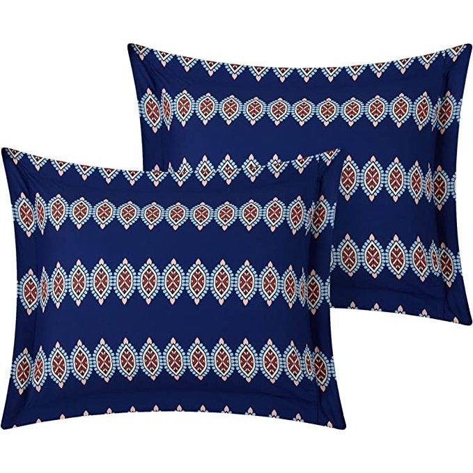 4 Piece Cotton Blue White Boho Geometric Reversible Quilt Set - Queen