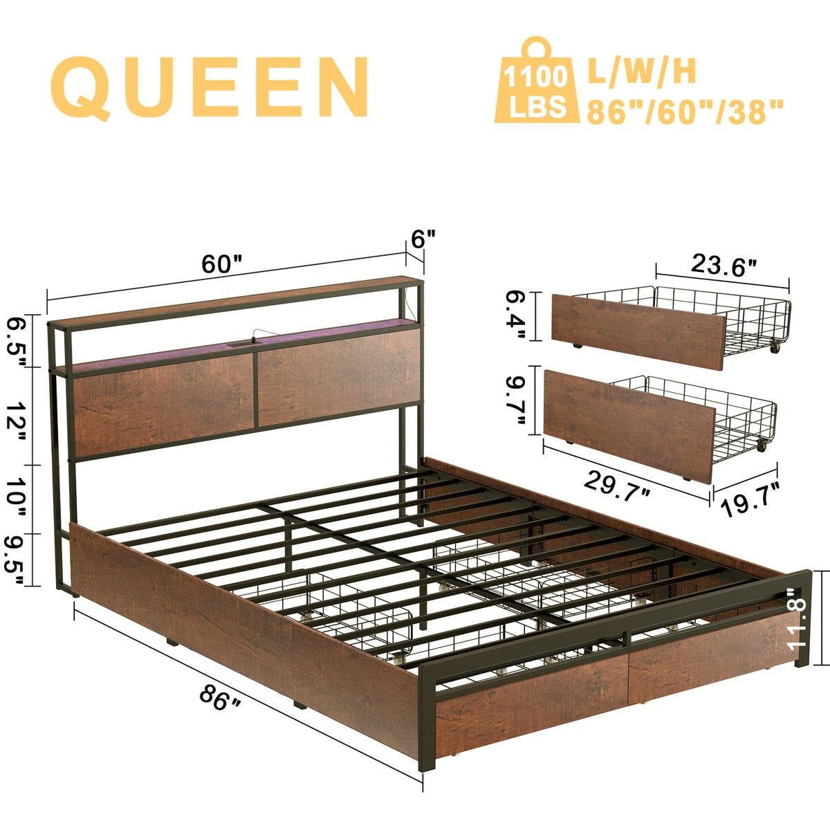 Queen Size Brown USB Plug In Headboard Platform Bed with 4 Storage Drawers