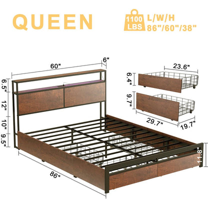 Queen Size Brown USB Plug In Headboard Platform Bed with 4 Storage Drawers