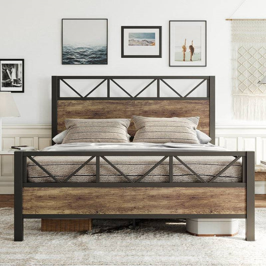 Queen Size Retro Brown/Metal Vintage Industrial Platform Bed Frame