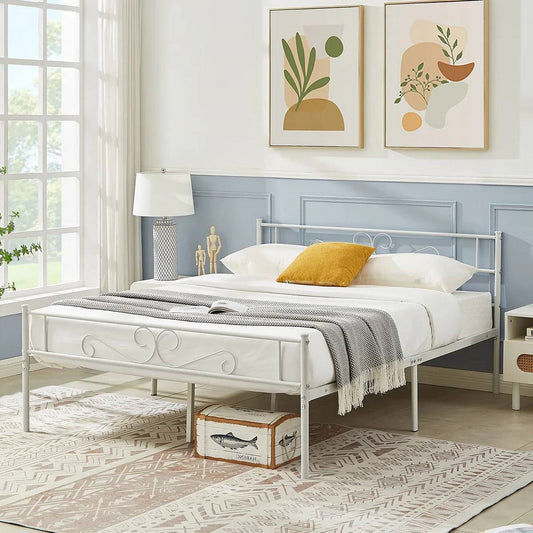 Queen White Metal Platform Bed Frame with Headboard and Footboard