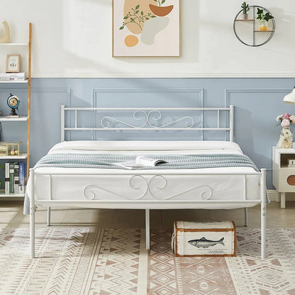 Queen White Metal Platform Bed Frame with Headboard and Footboard