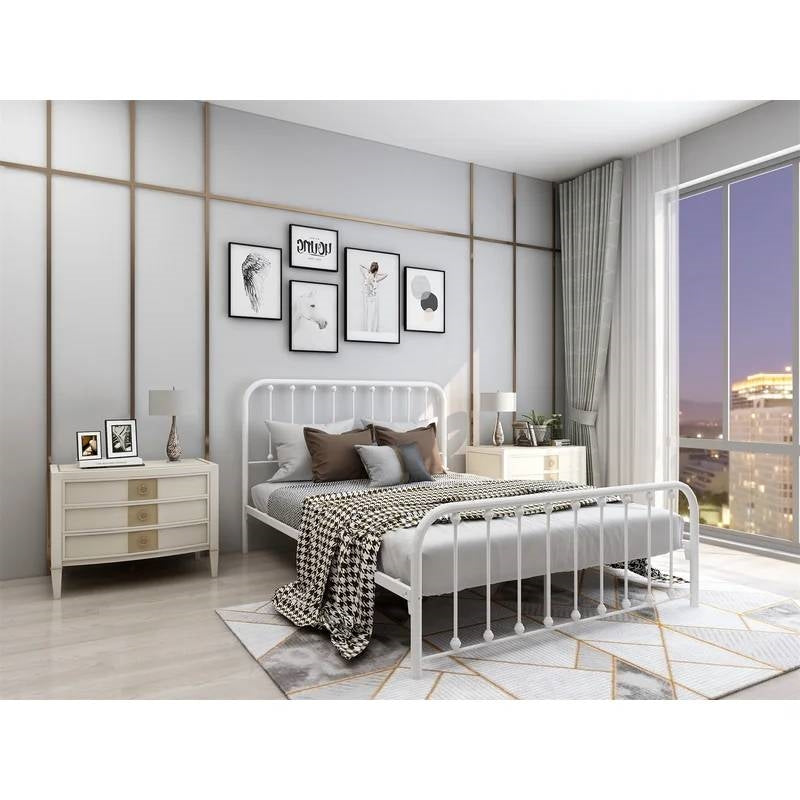 Queen Classic White Metal Bed Frame with Rounded Corners Headboard and Footboard