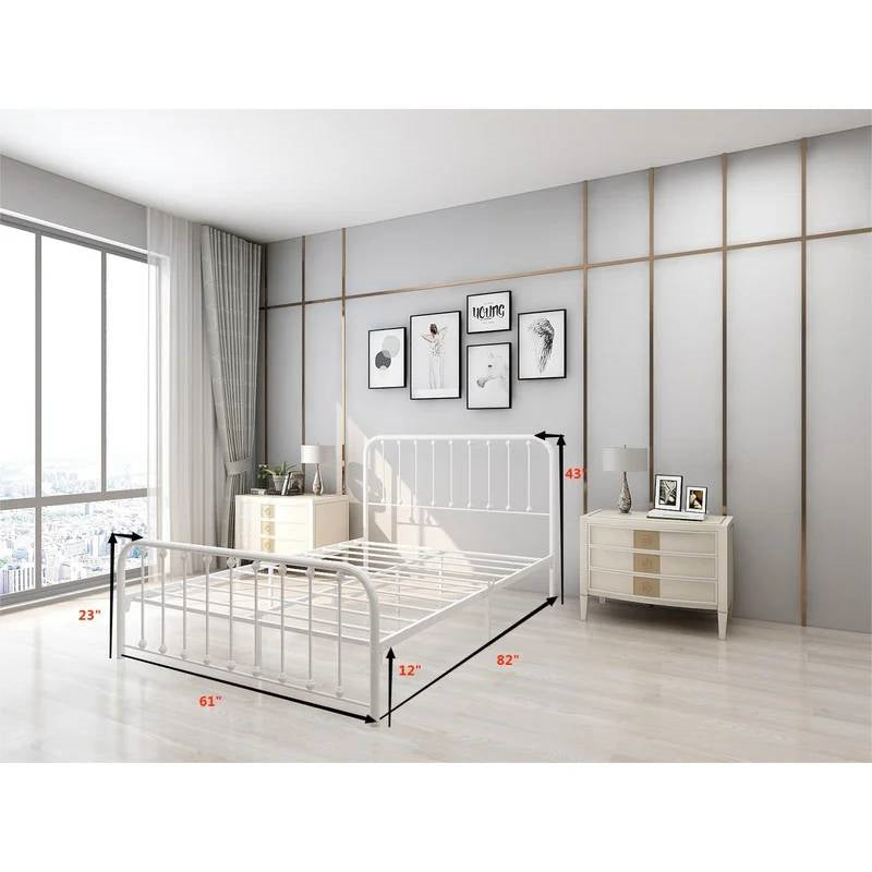 Queen Classic White Metal Bed Frame with Rounded Corners Headboard and Footboard