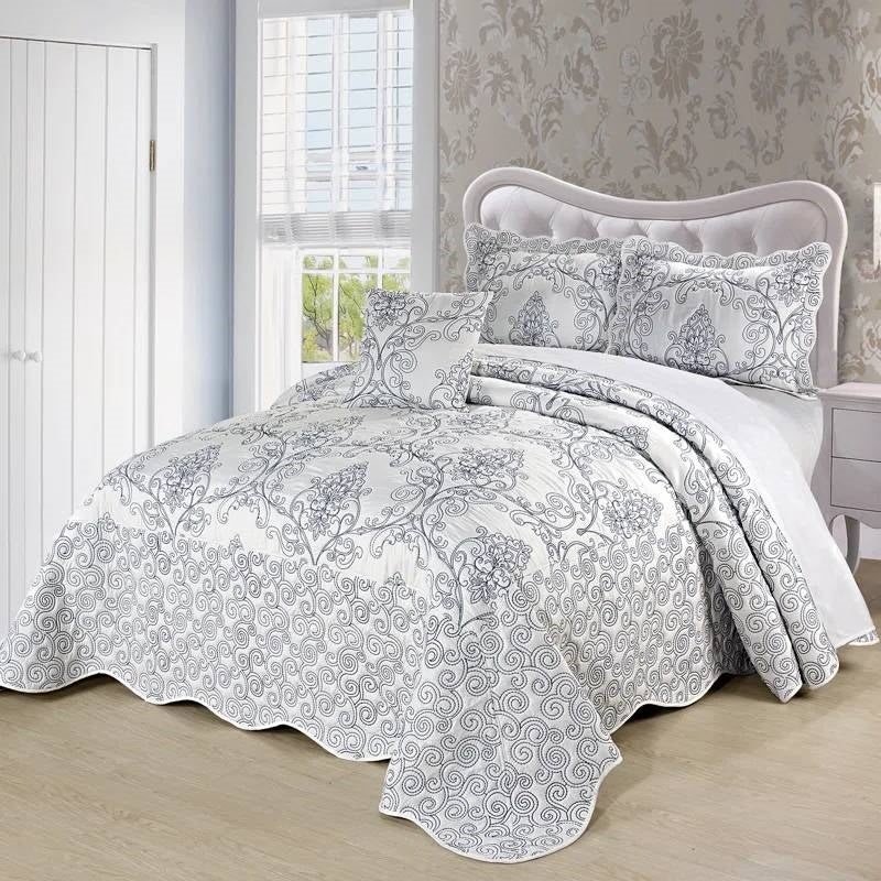 Queen size White Damask Embroidered 4 Piece Oversized Bedspread Set