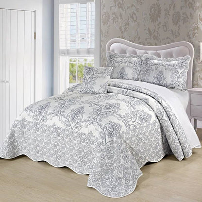 Queen size White Damask Embroidered 4 Piece Oversized Bedspread Set