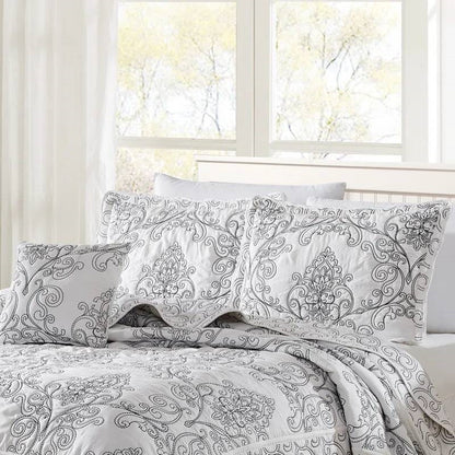 Queen size White Damask Embroidered 4 Piece Oversized Bedspread Set