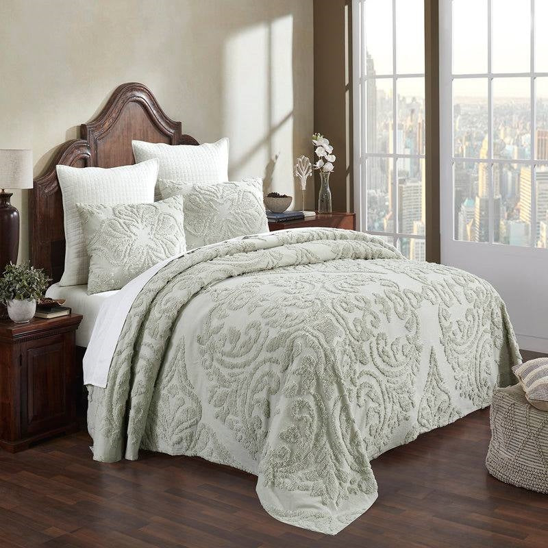 Queen Size OverSized 100% Cotton Chenille 3 PCS Coverlet Bedspread Set in Sage