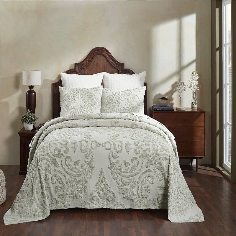 Queen Size OverSized 100% Cotton Chenille 3 PCS Coverlet Bedspread Set in Sage