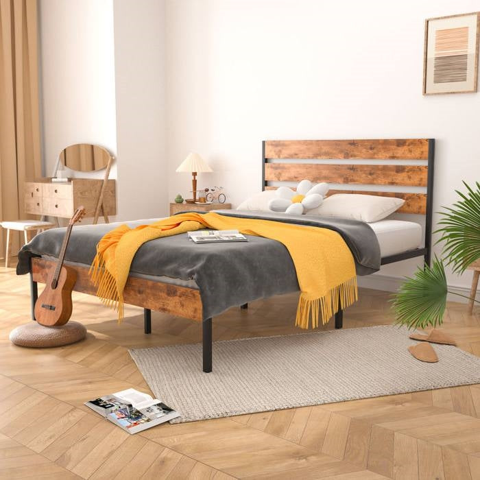 Queen Size Rustic Industrial Platform Bed Frame Wood Slatted Headboard and Footboard
