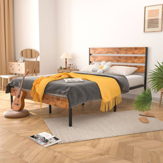 Queen Size Rustic Industrial Platform Bed Frame Wood Slatted Headboard and Footboard