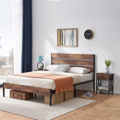 Queen Size Rustic Industrial Platform Bed Frame Wood Slatted Headboard and Footboard