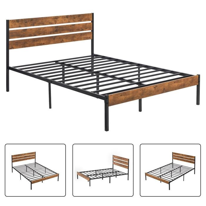 Queen Size Rustic Industrial Platform Bed Frame Wood Slatted Headboard and Footboard