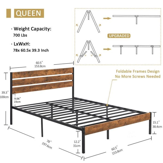 Queen Size Rustic Industrial Platform Bed Frame Wood Slatted Headboard and Footboard