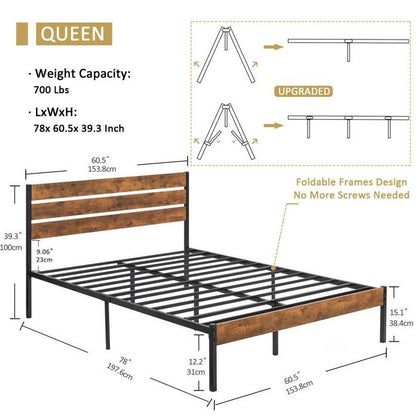 Queen Size Rustic Industrial Platform Bed Frame Wood Slatted Headboard and Footboard