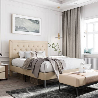 Queen Size Beige Tufted Upholstered Platform Bed Adjustable Headboard Height
