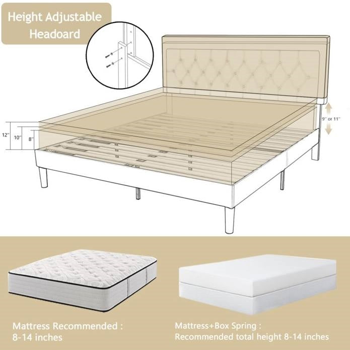 Queen Size Beige Tufted Upholstered Platform Bed Adjustable Headboard Height