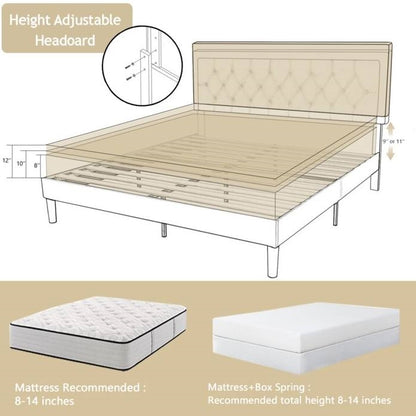 Queen Size Beige Tufted Upholstered Platform Bed Adjustable Headboard Height