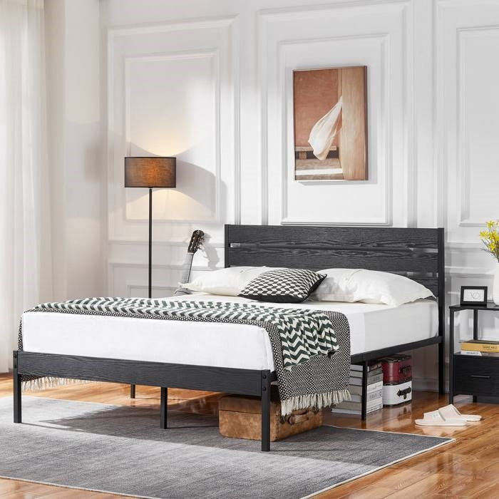 Queen Size Rustic Industrial Black Oak Platform Bed Frame Wood Slatted Headboard
