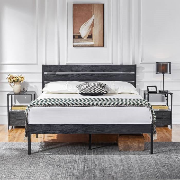 Queen Size Rustic Industrial Black Oak Platform Bed Frame Wood Slatted Headboard