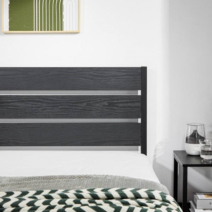 Queen Size Rustic Industrial Black Oak Platform Bed Frame Wood Slatted Headboard