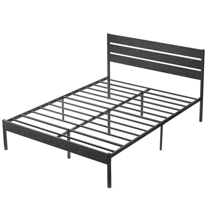 Queen Size Rustic Industrial Black Oak Platform Bed Frame Wood Slatted Headboard