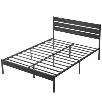 Queen Size Rustic Industrial Black Oak Platform Bed Frame Wood Slatted Headboard
