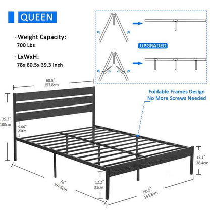 Queen Size Rustic Industrial Black Oak Platform Bed Frame Wood Slatted Headboard