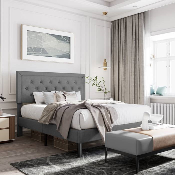 Queen Size Grey Tufted Upholstered Platform Bed Adjustable Headboard Height