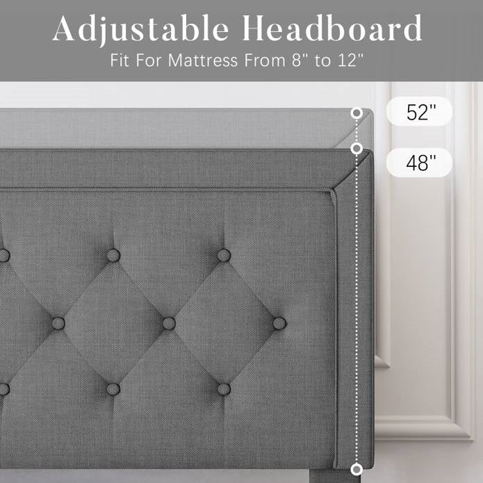 Queen Size Grey Tufted Upholstered Platform Bed Adjustable Headboard Height