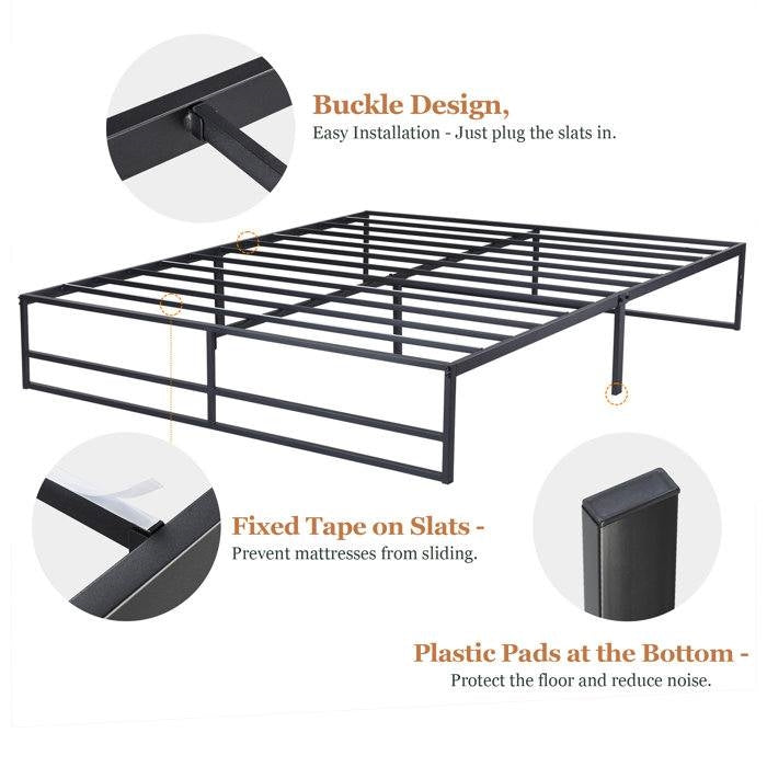 Queen Size Minimalist Storage Metal Platform Bed Black